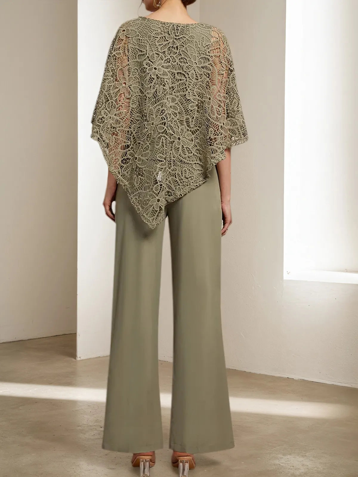 Army Green Women Lace Crew Neck Sleeve Chiffon Two-Piece Set