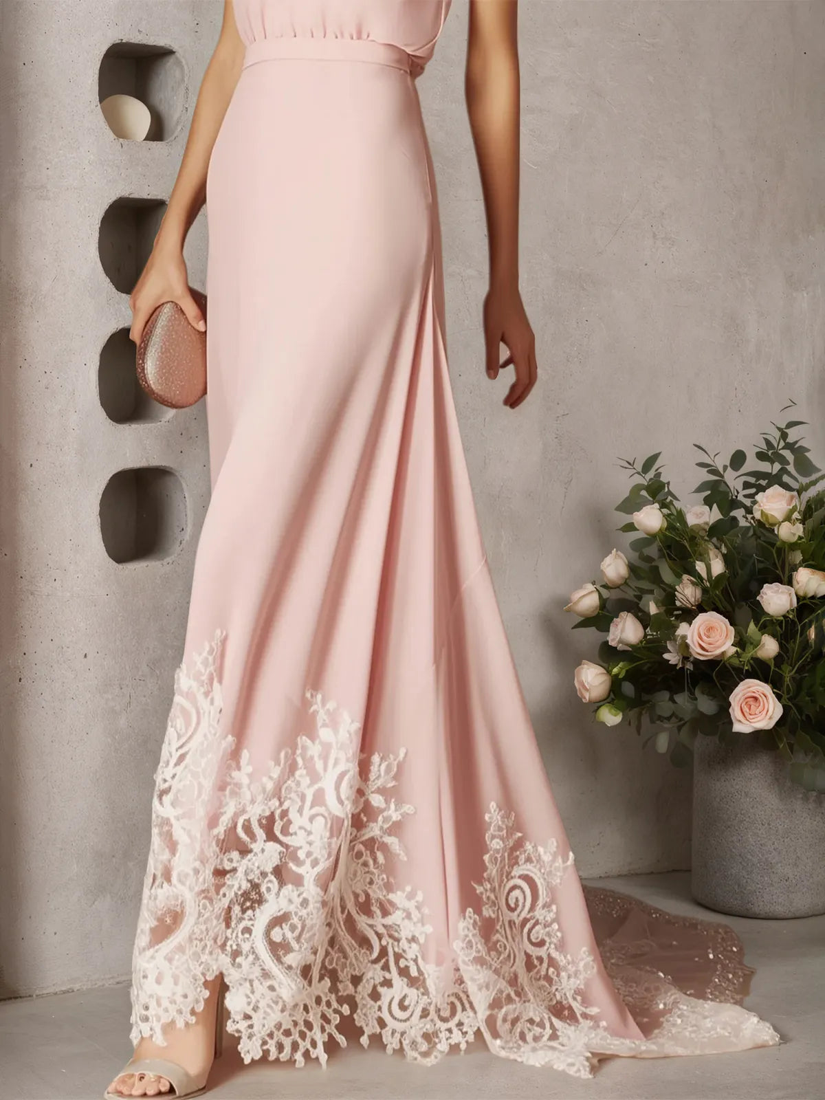 Pink Beaded Ruched Chiffon Halter Sleeveless A-Line Gown Dress - View 3 | FashionDia