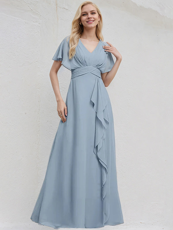 Dusty Blue Chiffon A Line V Neck Ruffle Sleeves Floor Length Bridesmaid Dress