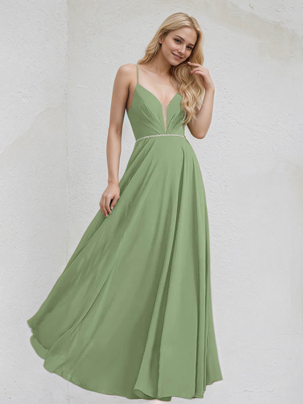 Basil A-Line V-Neck Floor-Length Chiffon Bridesmaid Dress With Beading