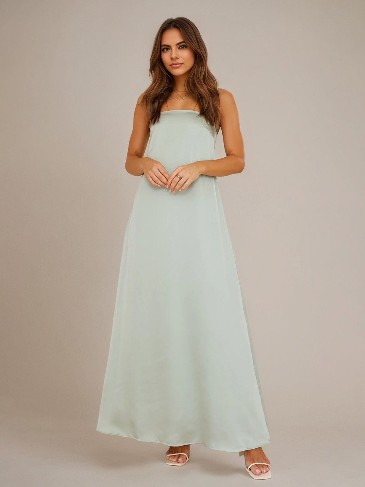 Sage Satin A Line Halter Neck Sleeveless Floor Length Bridesmaid Dresses