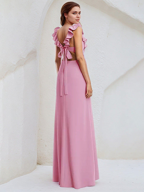 Chiffon Sheath/Column Square Neck Sleeveless Floor Length Bridesmaid Dress