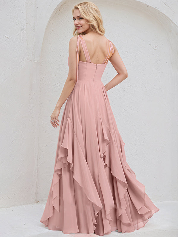 Dusty Rose Chiffon A Line Spaghetti Straps Floor Length Bridesmaid Dress With Cascading Ruffles