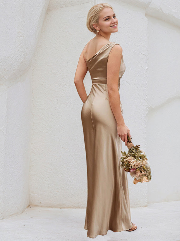 Champagne Satin Sheath/Column Asymmetrical Floor Length Bridesmaid Dress