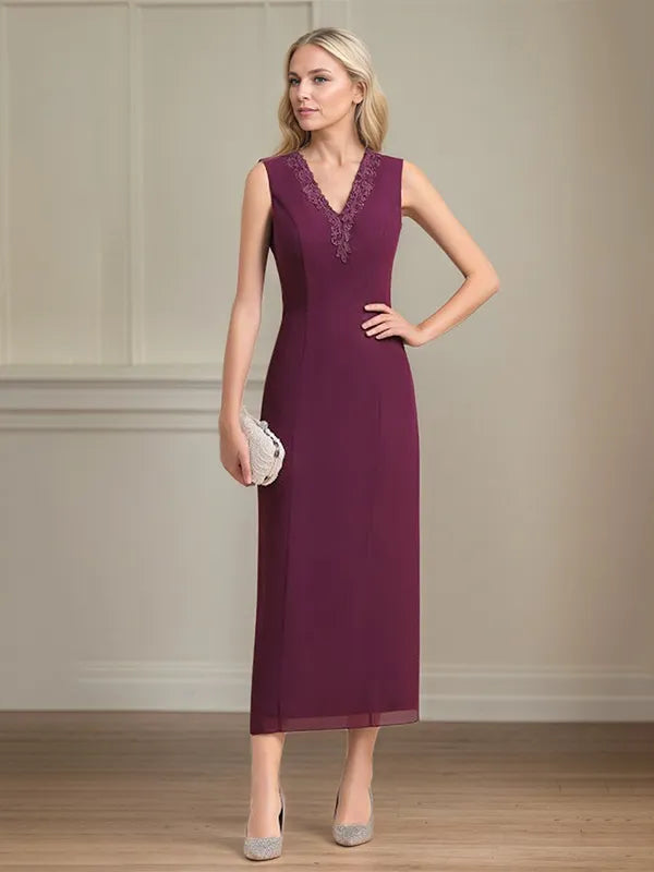 Sheath/Column Chiffon V Neck 3/4 Sleeves Tea Length Mother Of The Bride Dress