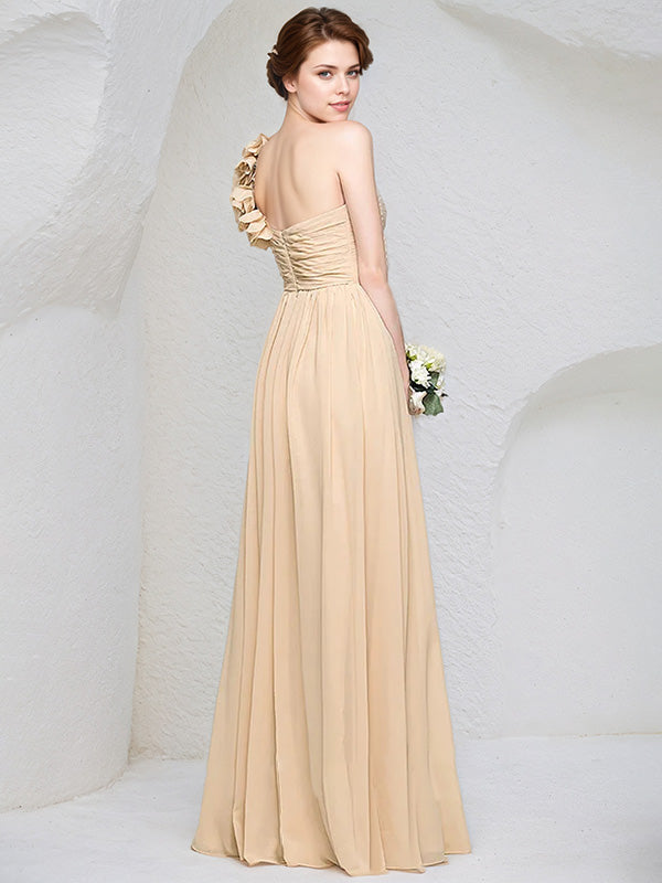 Champagne Chiffon A Line One Shoulder Sleeveless Floor Length Bridesmaid Dress With 3D Floral Ruffle