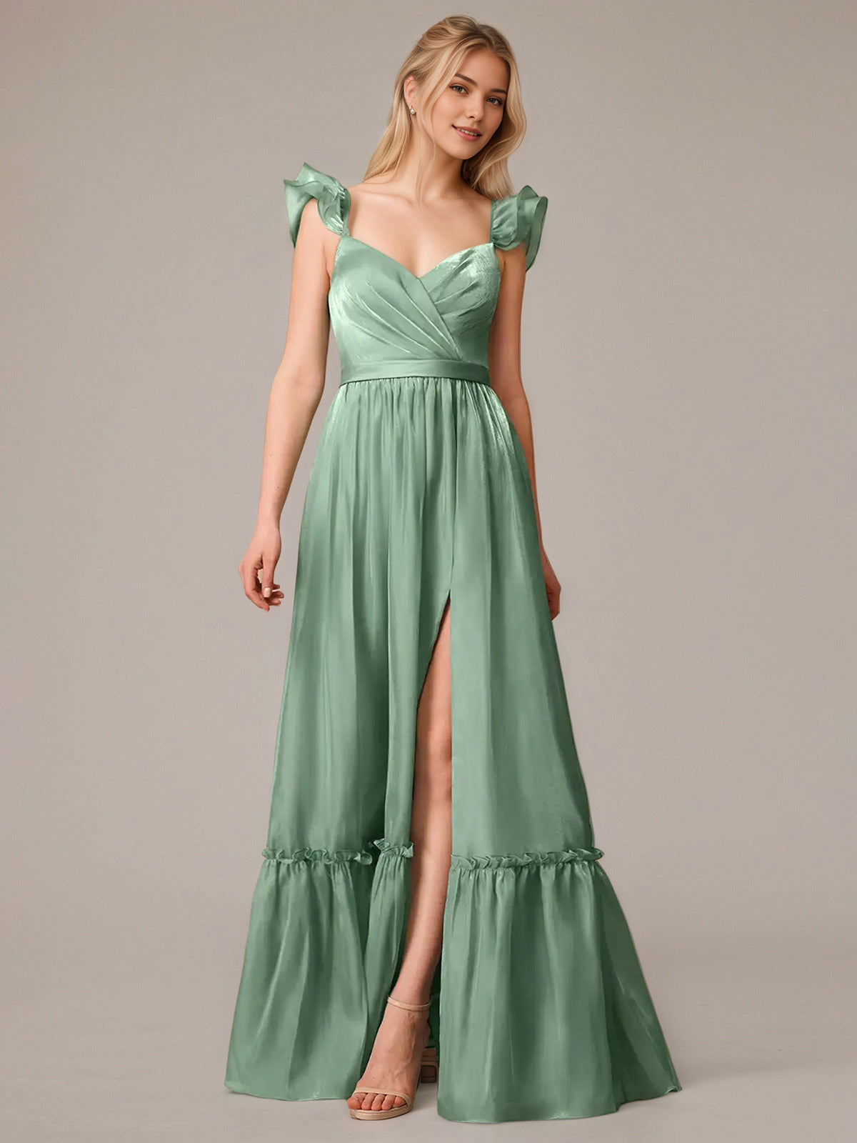 Green A Line V Neck Sleeveless Floor Length Dresses With Ruffles
