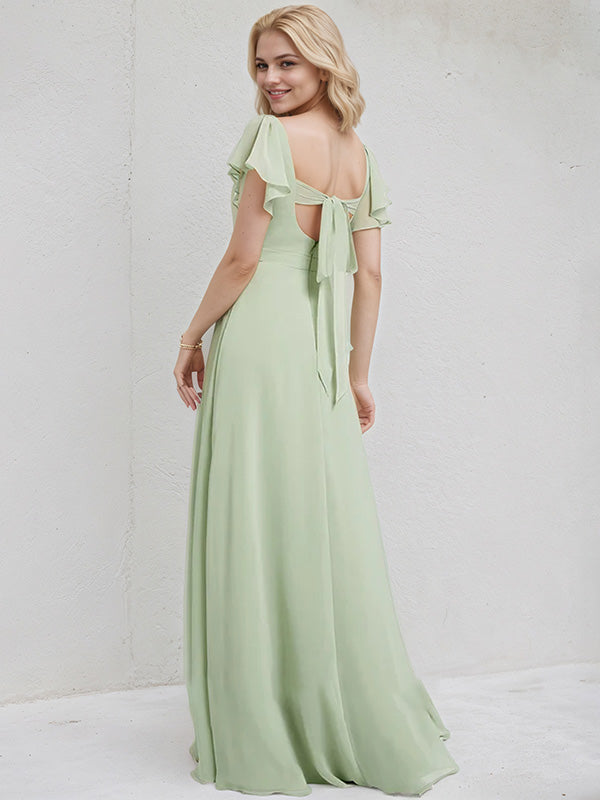 Celadon Chiffon A Line V Neck Short Sleeves Floor Length Bridesmaid Dress With Ruffle