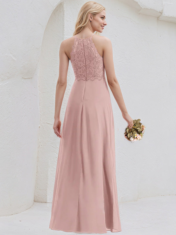 Dusty Rose A-Line Scoop Floor-Length Lace Chiffon Bridesmaid Dress