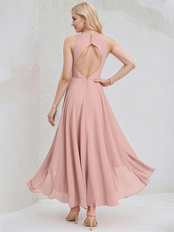 Dusty Rose Chiffon A Line V Neck Sleeveless Asymmetrical Bridesmaid Dress