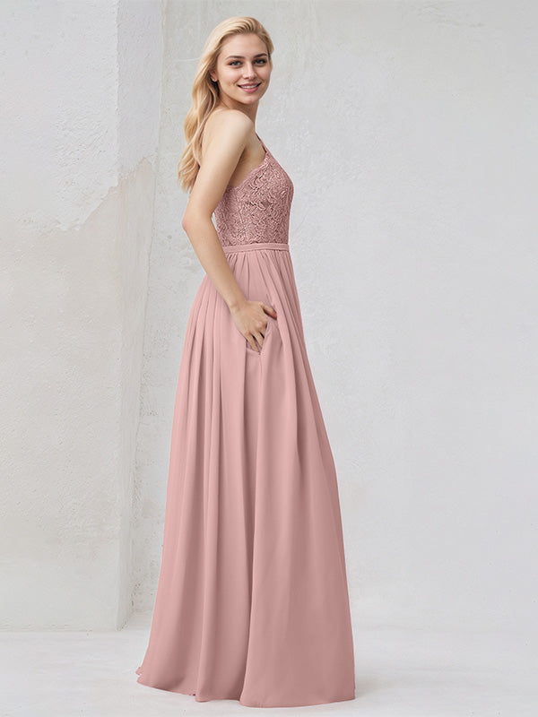 Dusty Rose Chiffon A Line One Shoulder Floor Length Bridesmaid Dress With Appliques