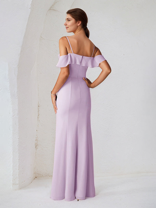 Lilac Chiffon Sheath/Column Spaghetti Straps Sleeveless Floor Length Bridesmaid Dress With Ruffle