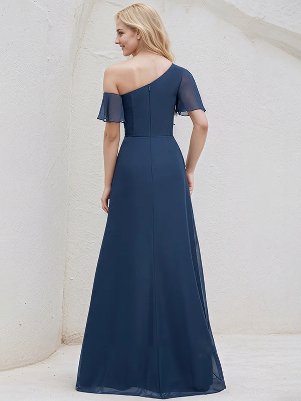 Navy Blue Chiffon A Line One Shoulder Short Sleeves Floor Length Bridesmaid Dress