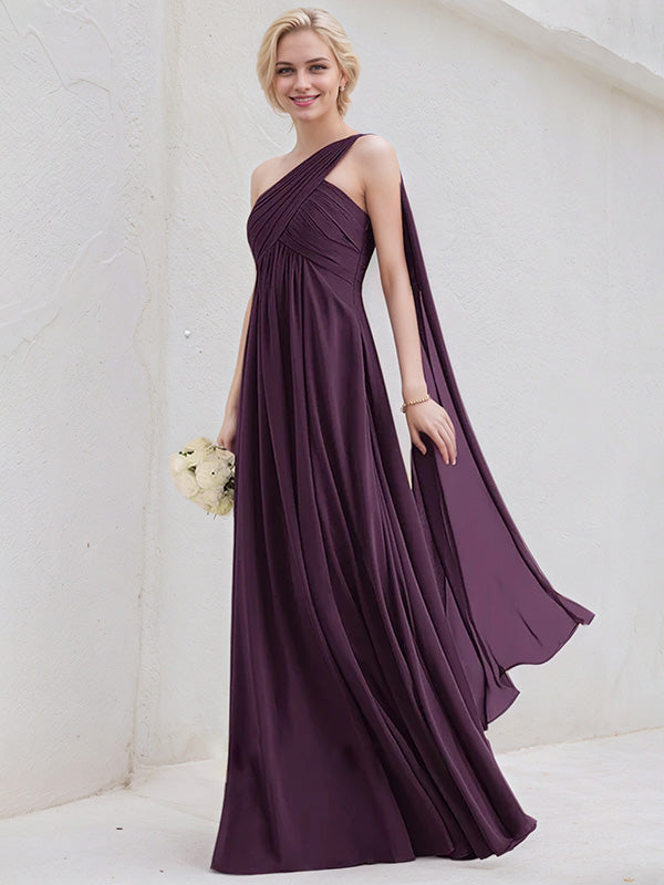 Grape A-Line One Shoulder Floor-Length Chiffon Bridesmaid Dress With Ruffle