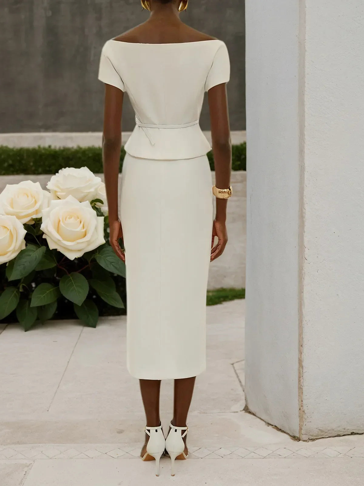 Women White Sash Buckle Off The Shoulder Short Sleeve Top With Skirt Two-Piece Set