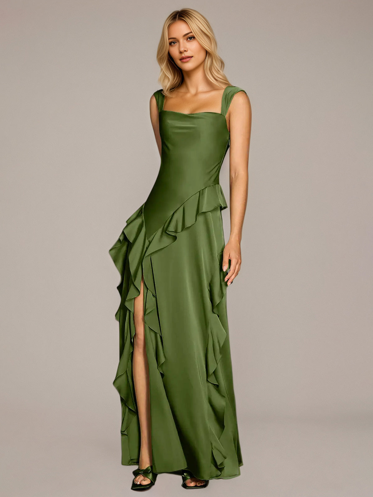 Olive Green Sheath/Column Satin Square Neck Sleeveless Floor-Length Dresses - View 4 | FashionDia