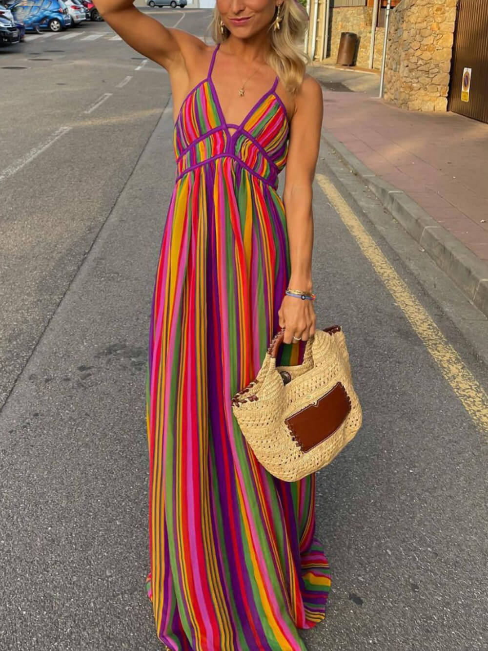 Rainbow Stripe Print V - Neck Maxi Dress
