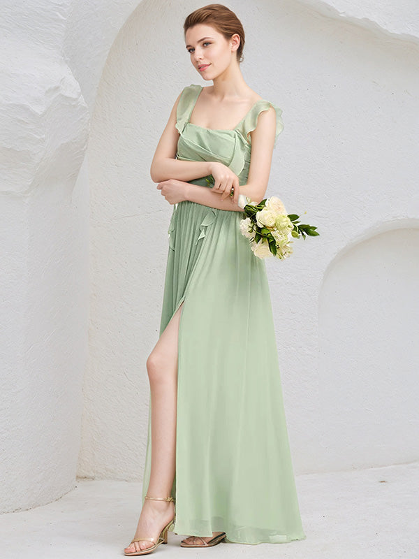 Mint Green Chiffon A Line Square Neck Sleeveless Floor Length Bridesmaid Dress with Ruffle