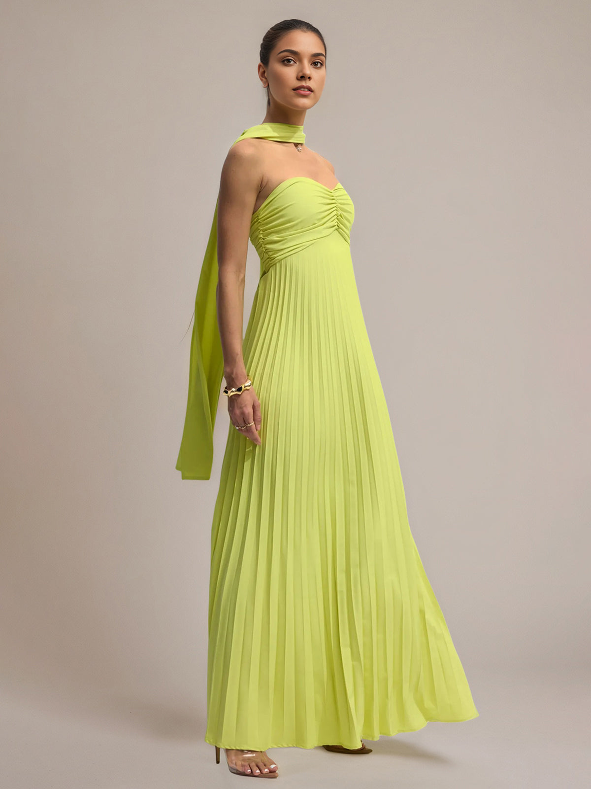 Green Chiffon A Line Off The Shoulder Sleeveless Floor Length Pleated Dress
