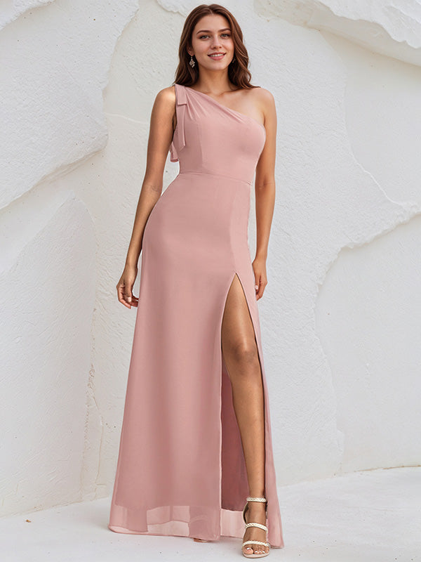 Dusty Rose Chiffon A Line One Shoulder Sleeveless Floor Length Bridesmaid Dress