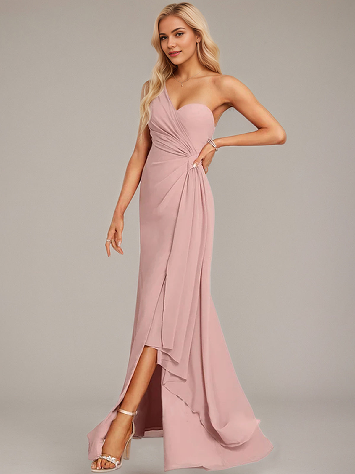 Dusty Rose A-Line One Shoulder Floor-Length Chiffon Bridesmaid Dress With Ruffle