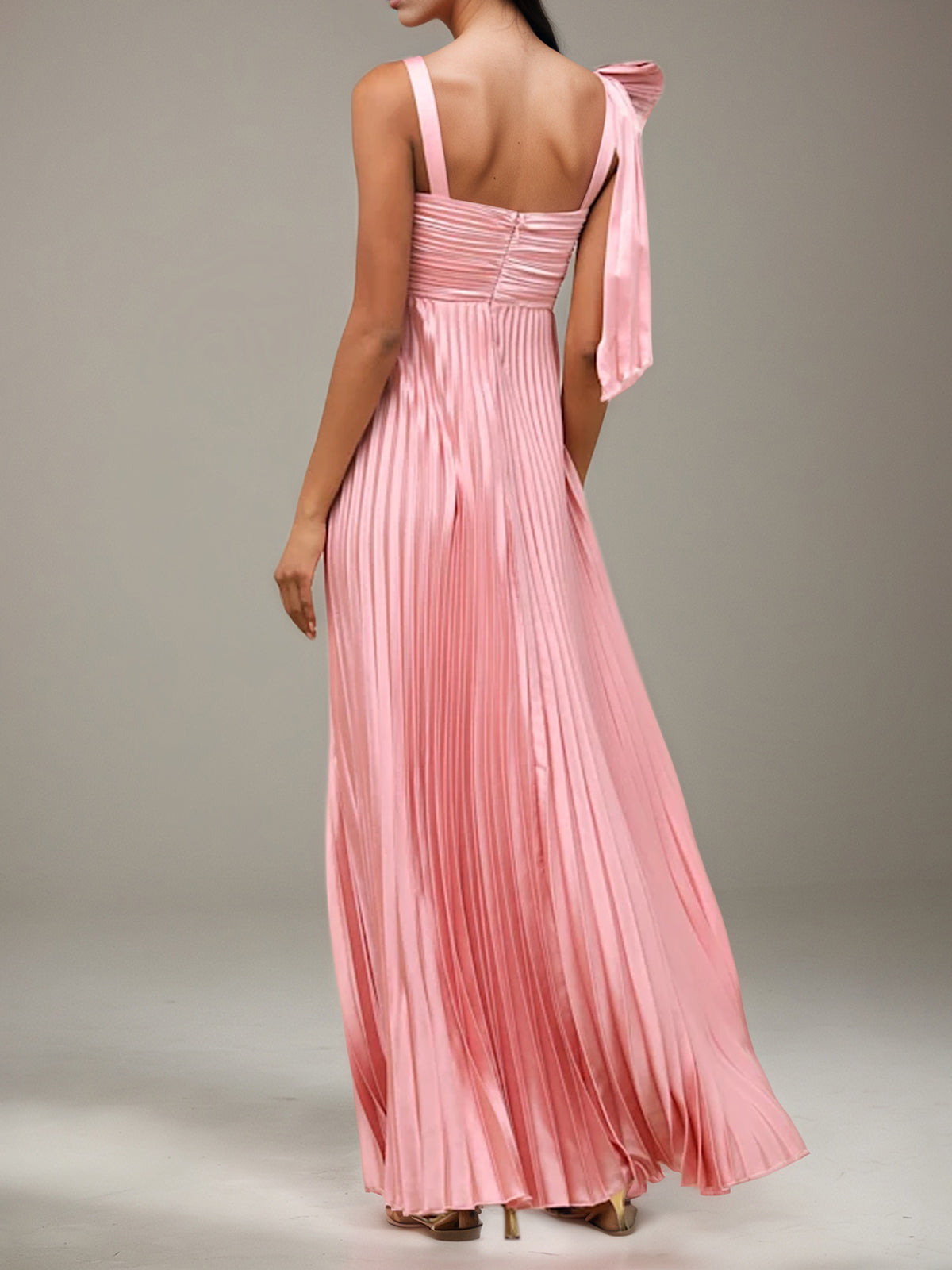 Pink Satin A Line Square Neck Sleeveless Floor Length Bridesmaid Dress With Bow