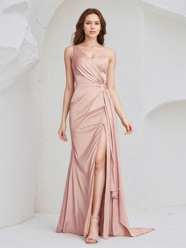 Dusty Rose Satin Sheath/Column One Shoulder Floor Length Sleeveless Bridesmaid Dress