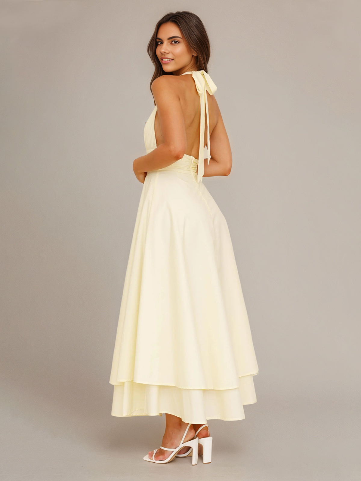Lemon Chiffon A Line Halter Neck Sleeveless Ankle Length Bridesmaid Dress