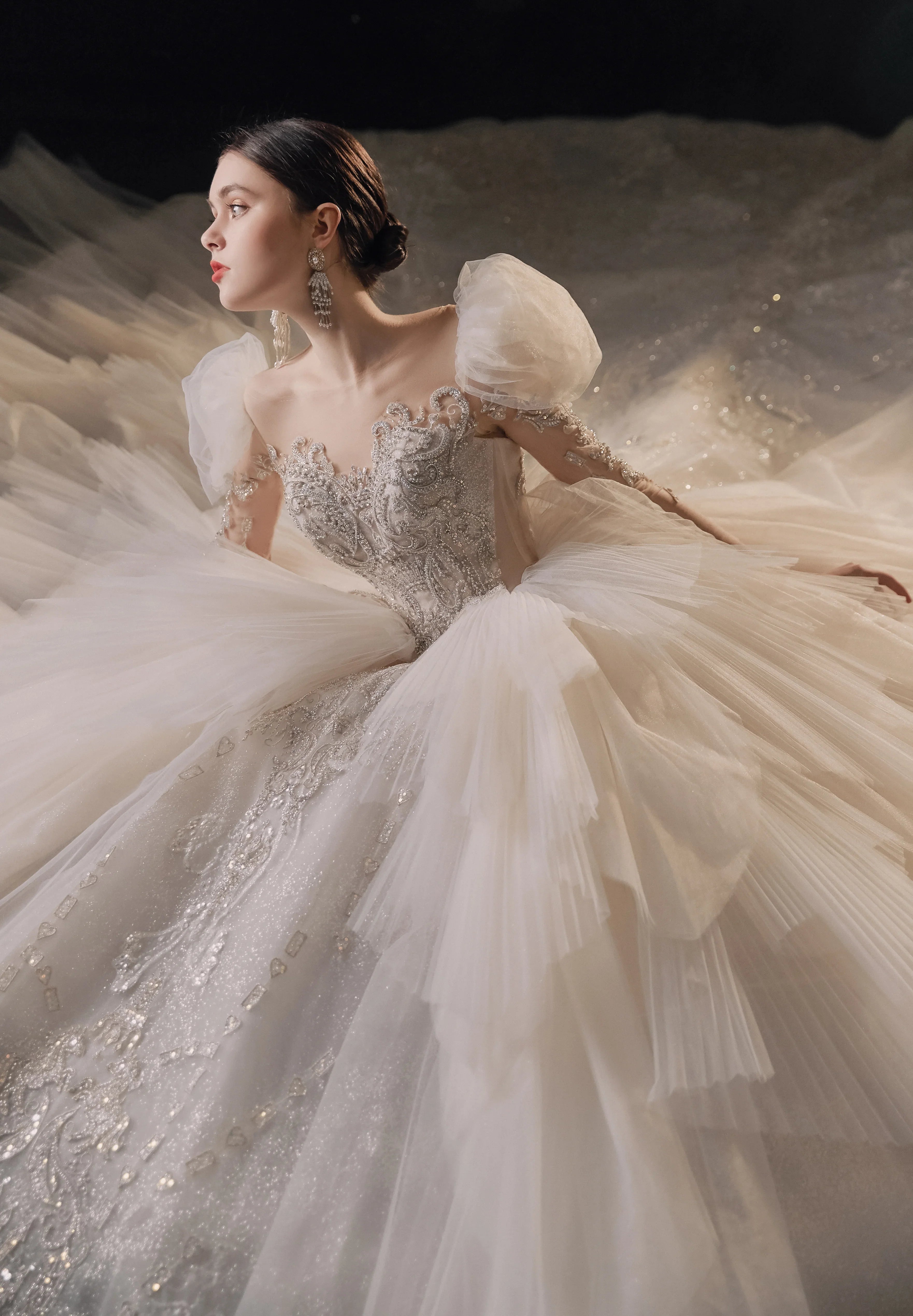 Magnificent Off-the-Shoulder Ball Gown Sweetheart Neckline Tulle Puff Sleeve Beaded Lace Long-Sleeve Wedding Dress with Layered Train E-301 by ZAPDRESS