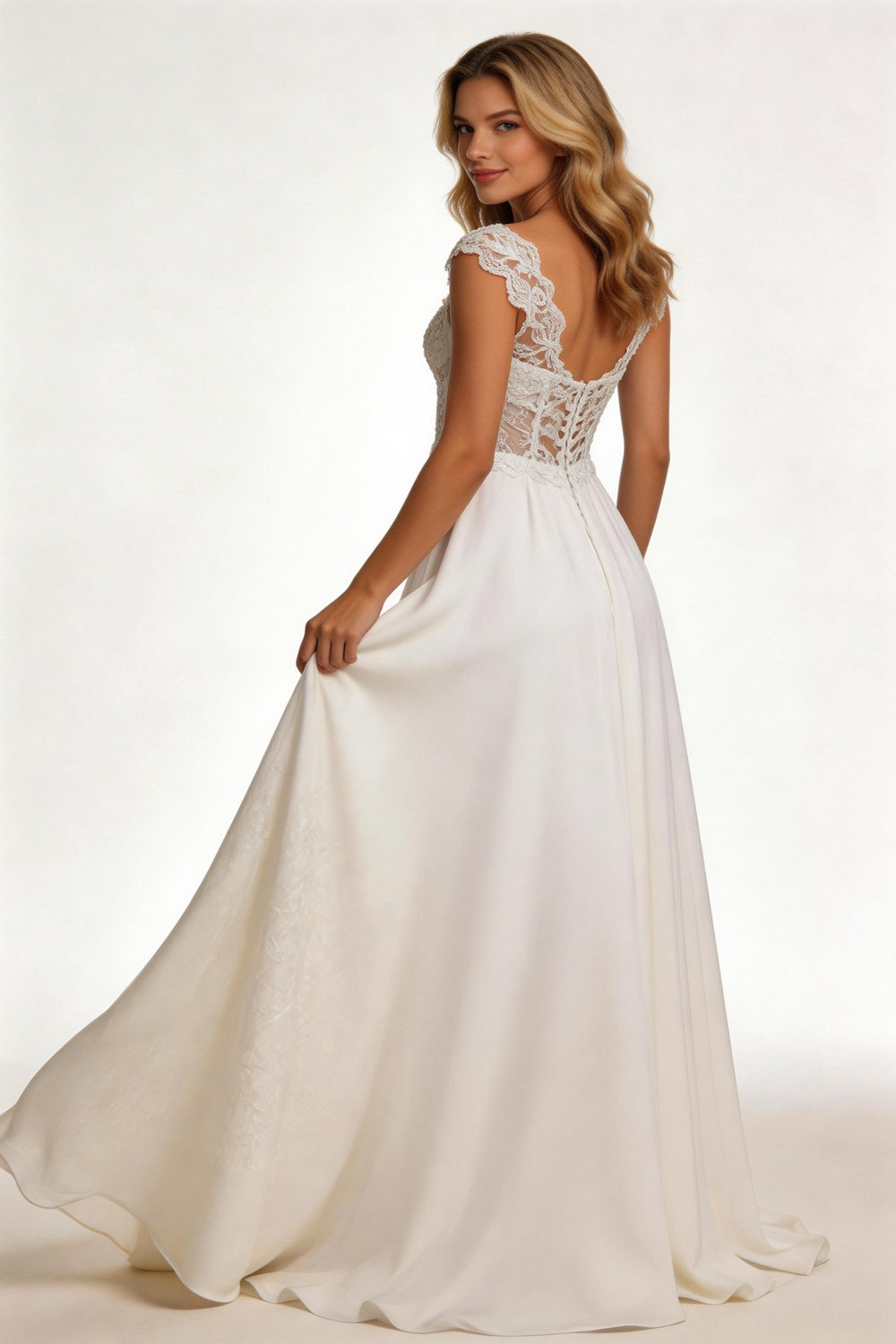 Modern V-Neck Wedding Dresses Lace Appliques Chiffon Backless Boho A-Line Bride Gown Backless Sweep Train Vestido de novia (ZD14088)