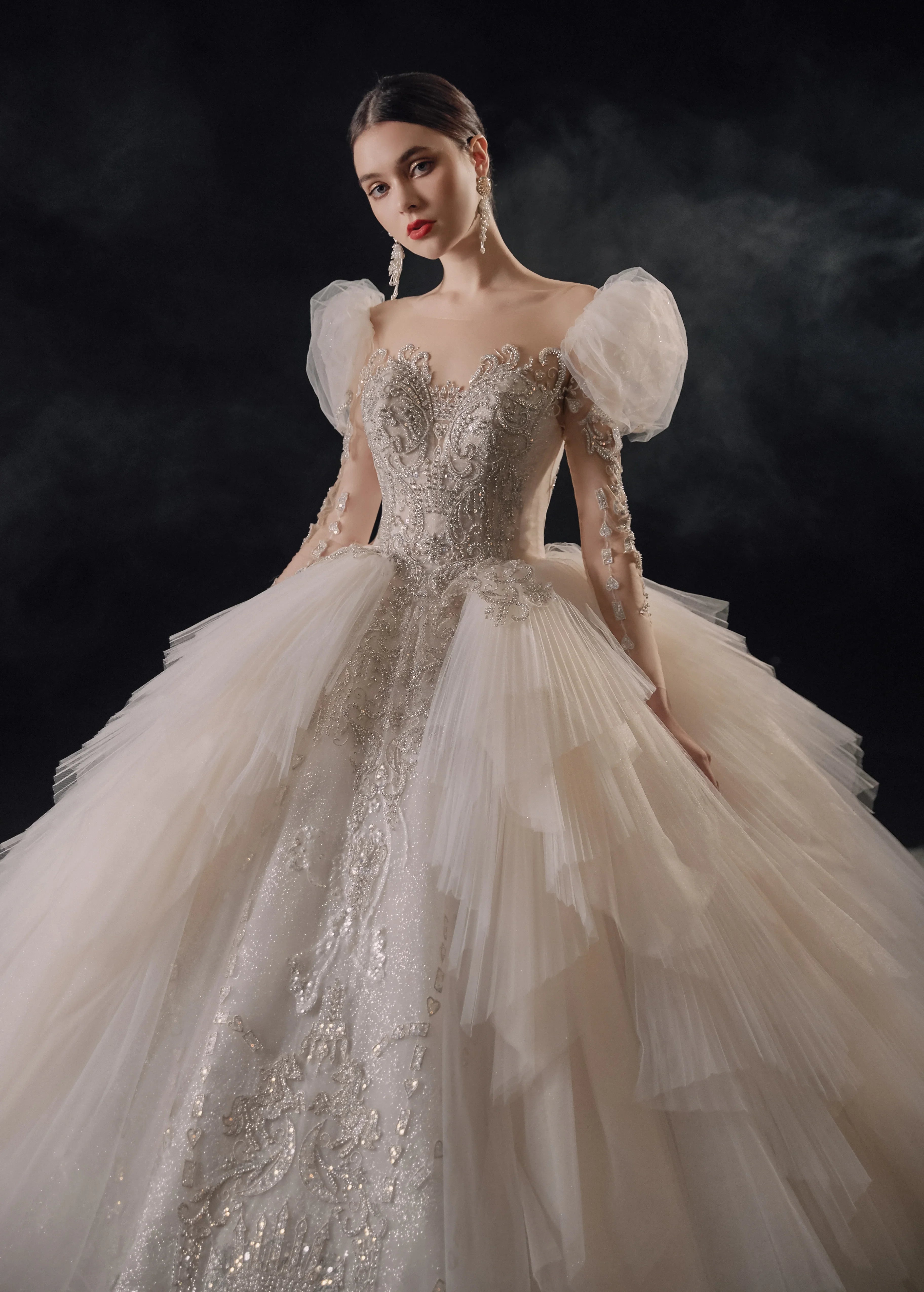 Magnificent Off-the-Shoulder Ball Gown Sweetheart Neckline Tulle Puff Sleeve Beaded Lace Long-Sleeve Wedding Dress with Layered Train E-301 (ZD16886)