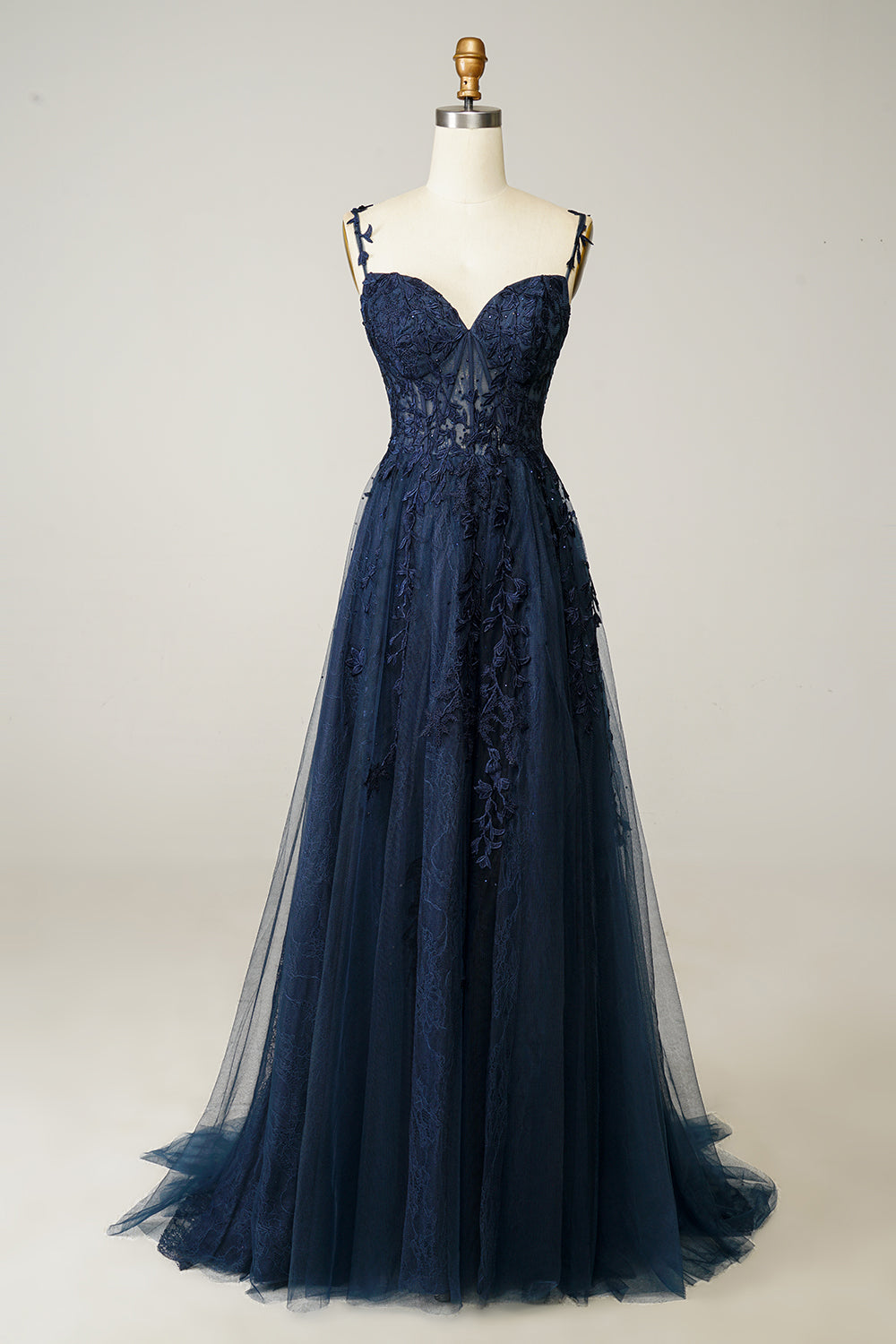 Gorgeous A Line Spaghetti Straps Navy Long Prom Dress with Appliques