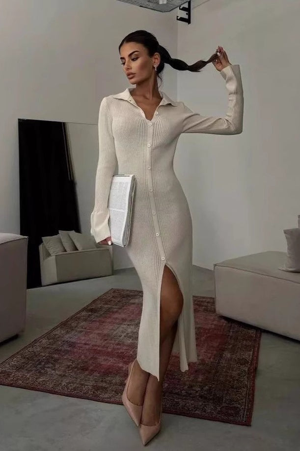 Collar Button Down Knit Fitted Bodycon Split Long Sweater Dress - VelvetHem