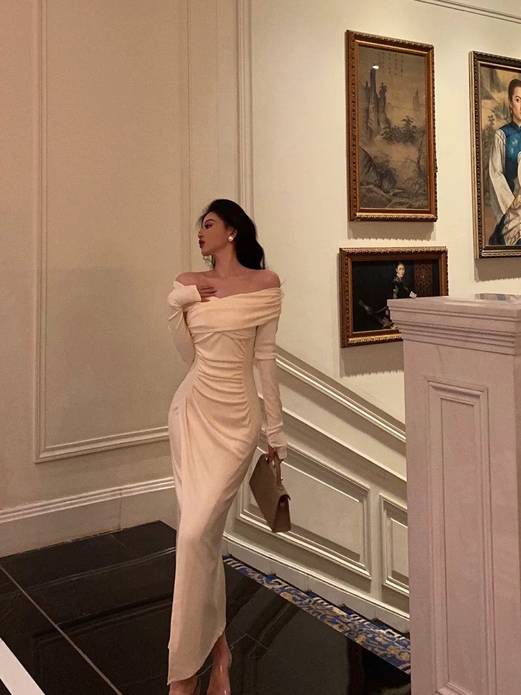 Sexy Sheath Off The Shoulder Long Sleeves White Slit Prom Dresses Birthday Outfits
