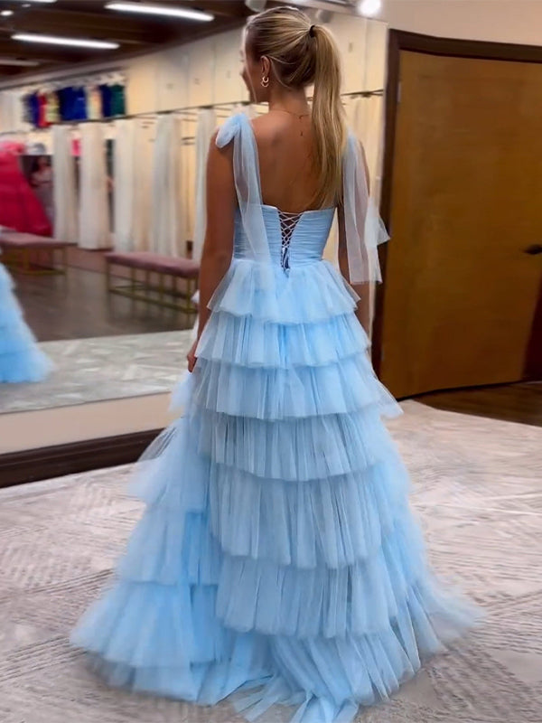 Blue A-Line Spaghetti Straps Tulle Tiered Long Prom Dress with Slit - View 2 | FashionDia