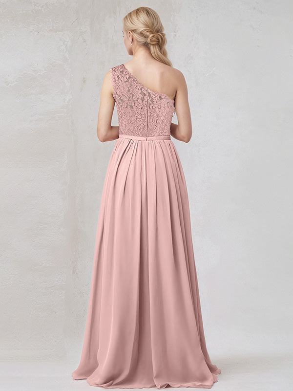 Dusty Rose Chiffon A Line One Shoulder Floor Length Bridesmaid Dress With Appliques