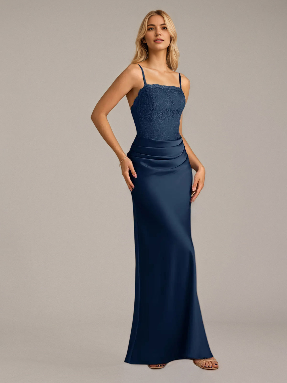 Navy Sheath/Column Satin Spaghetti Straps Sleeveless Floor Length Dresses