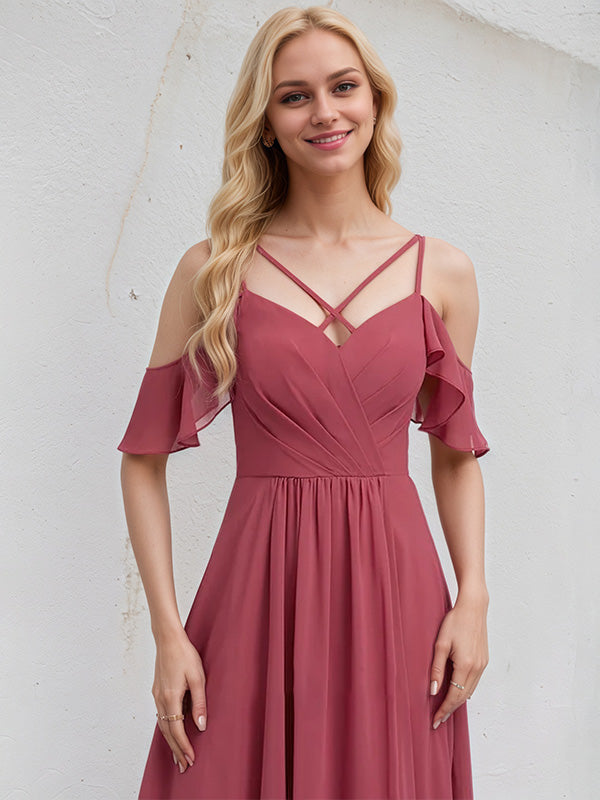 Cinnamon Rose Chiffon A Line Spaghetti Straps Floor Length Bridesmaid Dress
