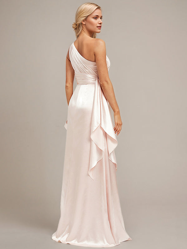 Blushing Pink A-Line One Shoulder Floor-Length Satin Bridesmaid Dress With Ruffle