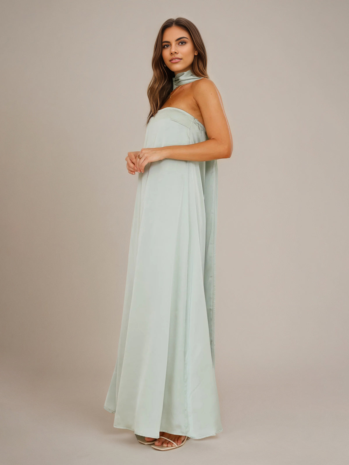Sage Satin A Line Halter Neck Sleeveless Floor Length Bridesmaid Dresses
