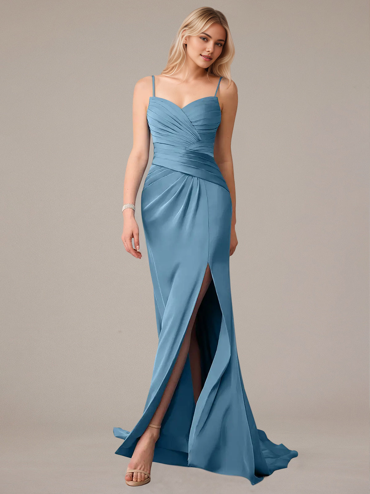 Steel Blue Sheath/Column Satin Spaghetti Straps Sleeveless Floor Length Dresses