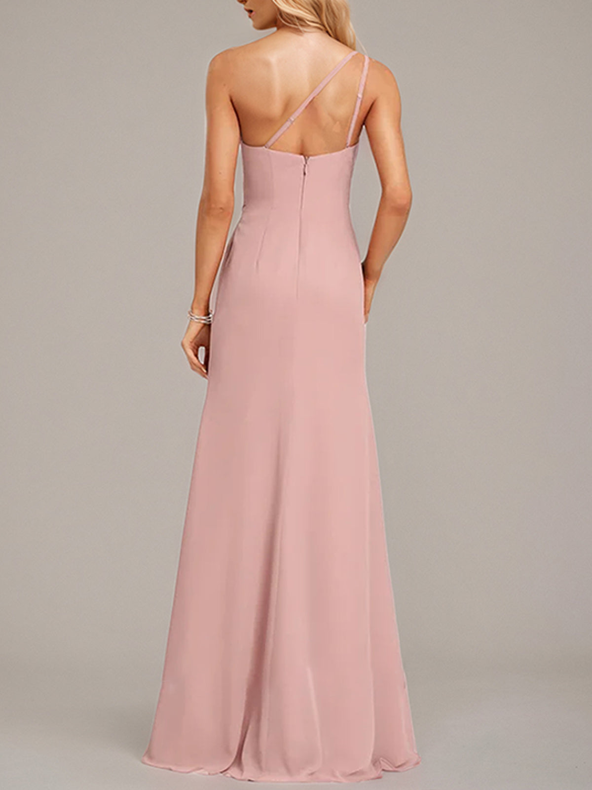 Dusty Rose A-Line One Shoulder Floor-Length Chiffon Bridesmaid Dress With Ruffle