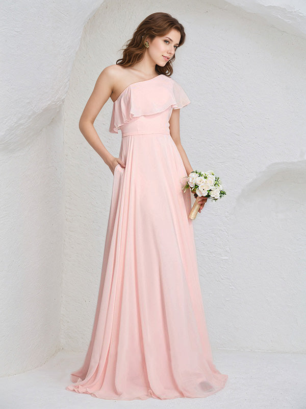 Pink Chiffon A-Line One Shoulder Floor-Length Sleeveless Bridesmaid Dress With Ruffles