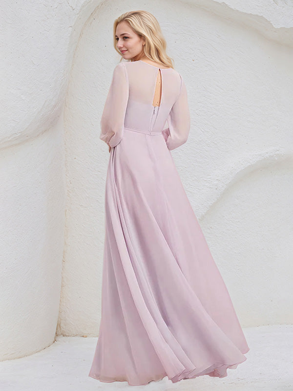 Candy Pink A Line Round Neck Long Sleeves Floor Length Chiffon Bridesmaid Dress