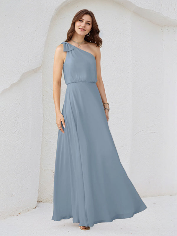 Dusty Blue Chiffon A Line One Shoulder Sleeveless Floor Length Bridesmaid Dresses