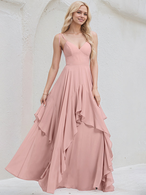 Dusty Rose Chiffon A Line Spaghetti Straps Floor Length Bridesmaid Dress With Cascading Ruffles