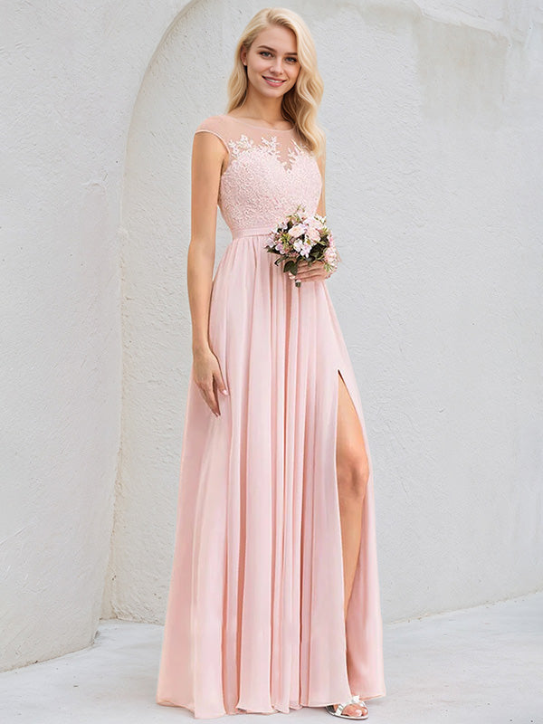 Blushing Pink A-Line Scoop Floor-Length Lace Chiffon Bridesmaid Dress