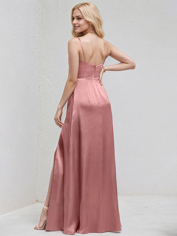 Mauve Satin A Line Spaghetti Straps Sleeveless Floor Length Bridesmaid Dress