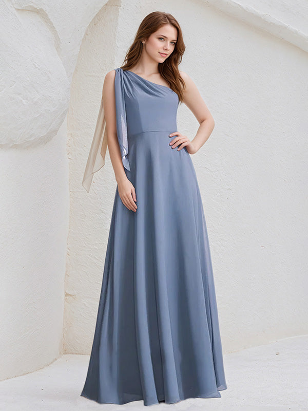 Navy Blue A-Line One Shoulder Floor-Length Chiffon Bridesmaid Dress With Bow