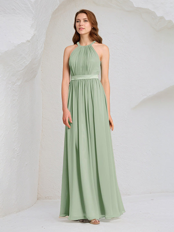 Sage Chiffon A Line Halter Neck Sleeveless Floor Length Bridesmaid Dress